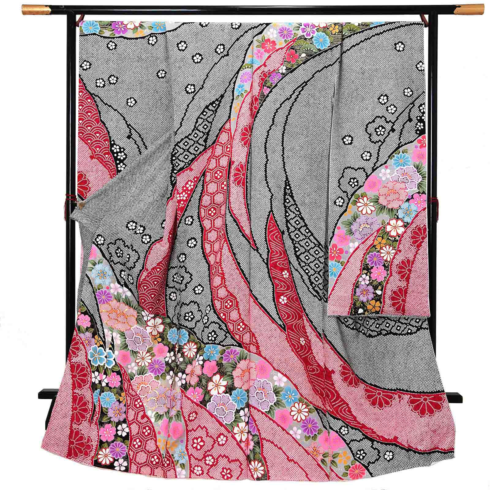 未仕立て 振袖 単品 「黒地　疋田、雪芝取りに牡丹」 仮絵羽 振り袖 正絹 着物 レディース 成人式 結婚式 結納 パーティー 晴れ着