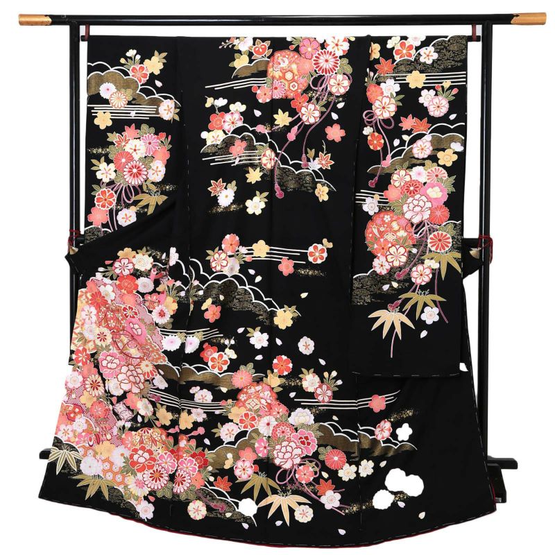 未仕立て 振袖 単品 「黒地　雪輪に手毬、牡丹」 仮絵羽 振り袖 正絹 着物 レディース 成人式 結婚式 結納 パーティー 晴れ着