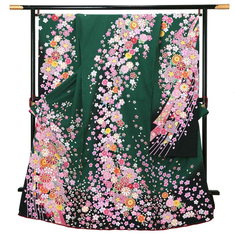 未仕立て 振袖 単品 「緑　桜と菊に熨斗」 仮絵羽 振り袖 正絹 着物 レディース 成人式 結婚式 結納 パーティー 晴れ着 【メール便不可】