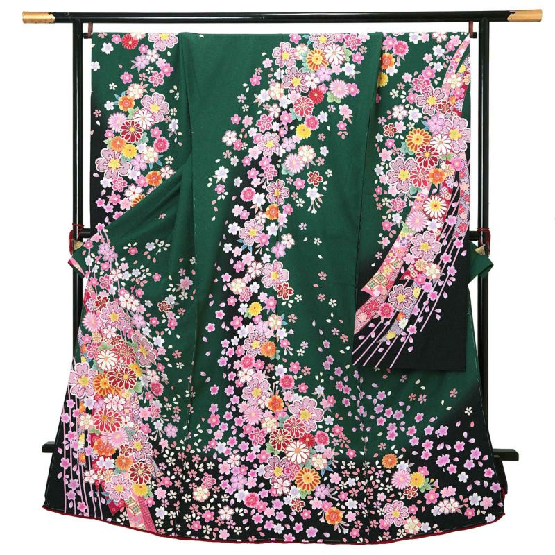 未仕立て 振袖 単品 「緑　桜と菊に熨斗」 仮絵羽 振り袖 正絹 着物 レディース 成人式 結婚式 結納 パーティー 晴れ着