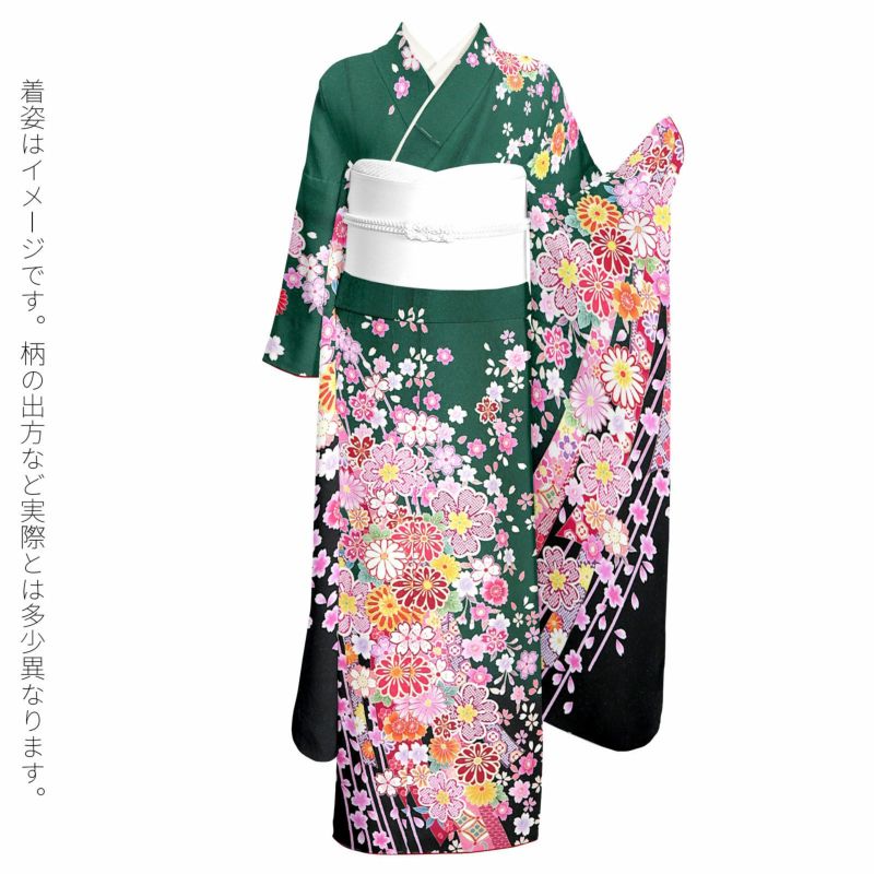 未仕立て 振袖 単品 「緑 桜と菊に熨斗」 仮絵羽 振り袖 正絹 着物 