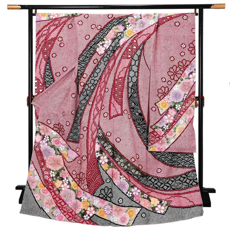 未仕立て 振袖 単品 「赤、疋田　熨斗に花紋」 仮絵羽 振り袖 正絹 着物 レディース 成人式 結婚式 結納 パーティー 晴れ着