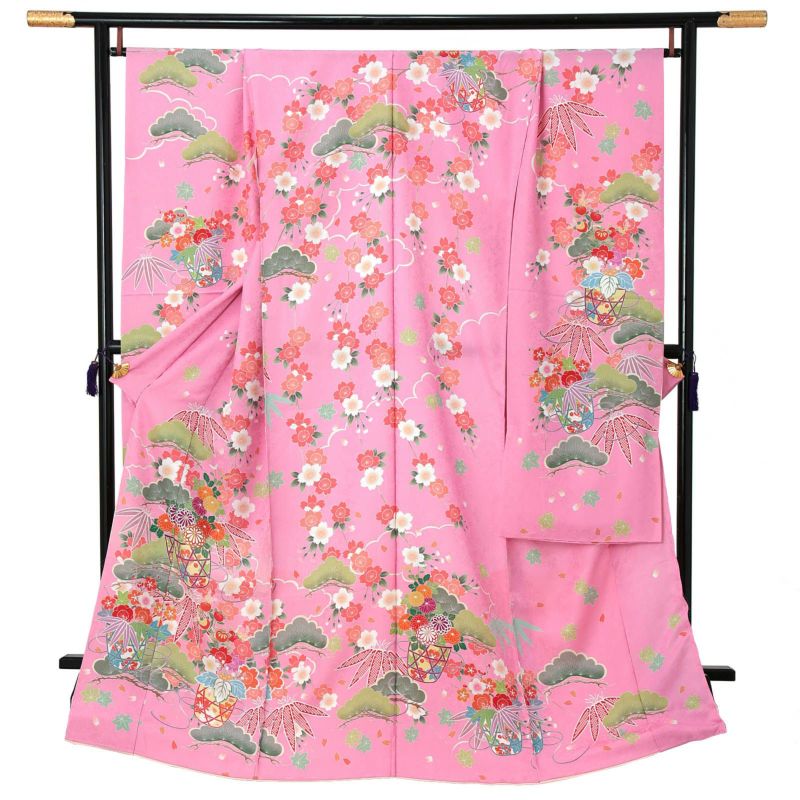 未仕立て 振袖 単品 「ピンク　松に桜、花籠」 仮絵羽 振り袖 正絹 着物 レディース 成人式 結婚式 結納 パーティー 晴れ着