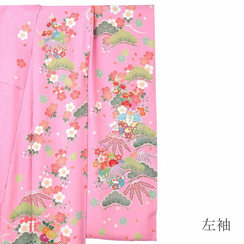 未仕立て 振袖 単品 「ピンク 松に桜、花籠」 仮絵羽 振り袖 正絹 着物