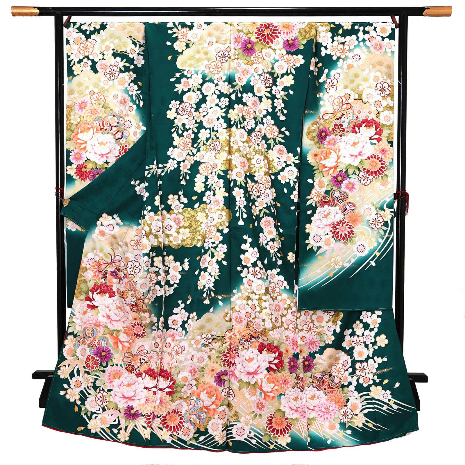 未仕立て 振袖 単品 「花緑青　牡丹、雪輪に鈴」 仮絵羽 振り袖 正絹 着物 レディース 成人式 結婚式 結納 パーティー 晴れ着