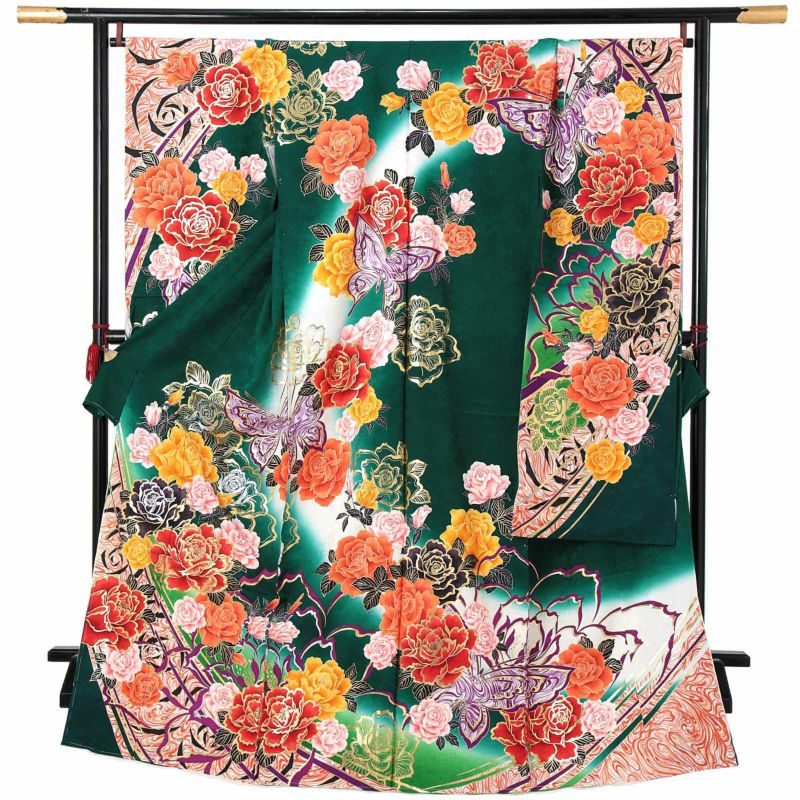 未仕立て 振袖 単品 「深緑色　薔薇と蝶」 仮絵羽 振り袖 正絹 着物 レディース 成人式 結婚式 結納 パーティー 晴れ着