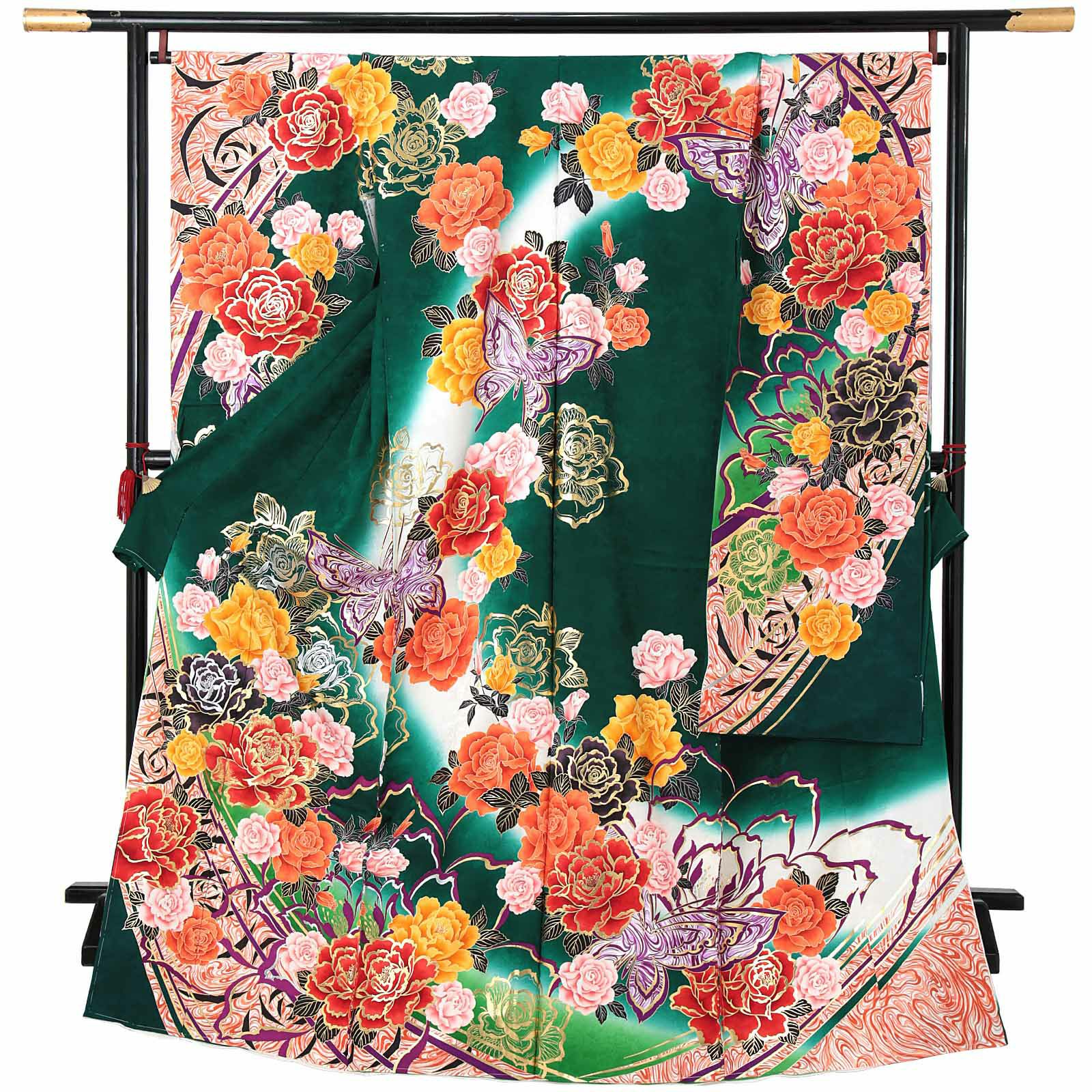 未仕立て 振袖 単品 「深緑色　薔薇と蝶」 仮絵羽 振り袖 正絹 着物 レディース 成人式 結婚式 結納 パーティー 晴れ着