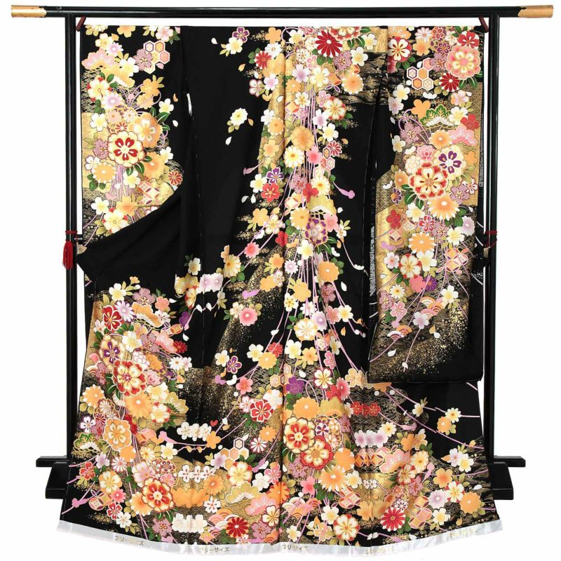 未仕立て 振袖 単品 「黒地　花紋に組紐」 仮絵羽 振り袖 正絹 着物 レディース 成人式 結婚式 結納 パーティー 晴れ着