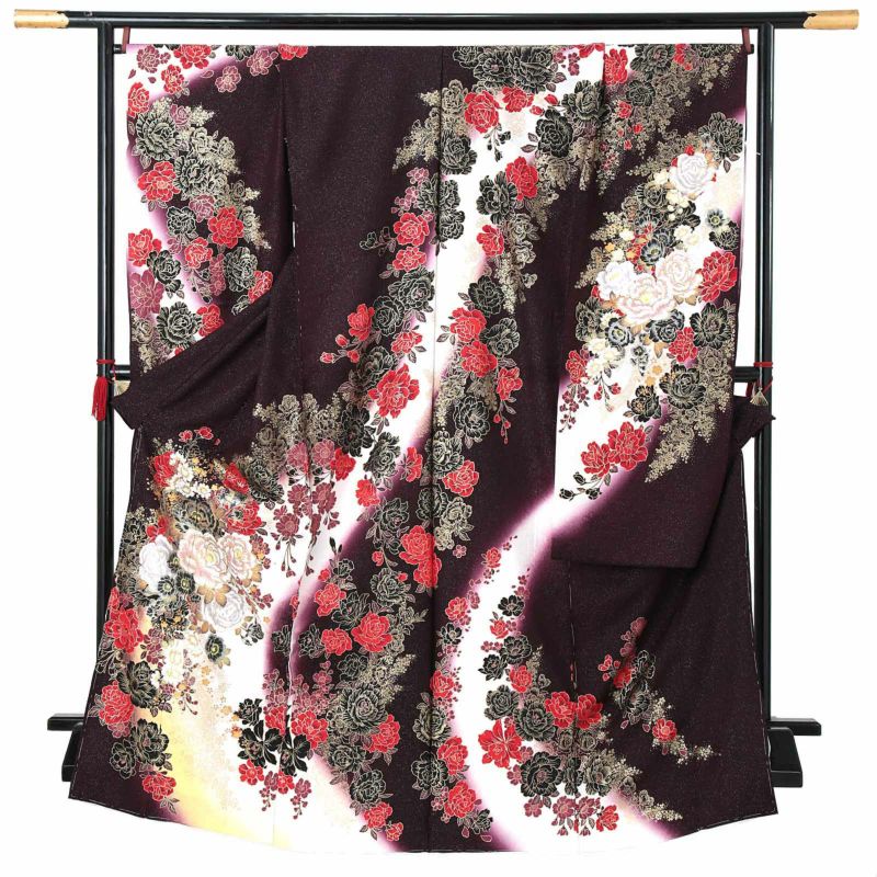 未仕立て 振袖 単品 「暗紫色　牡丹に桜」 仮絵羽 振り袖 正絹 着物 レディース 成人式 結婚式 結納 パーティー 晴れ着