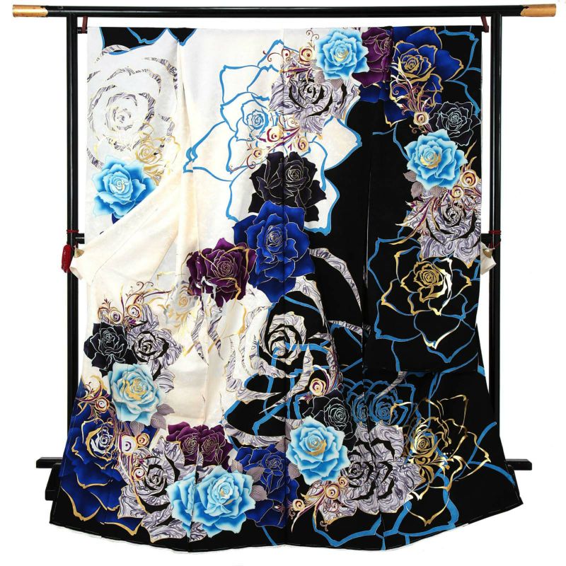 未仕立て 振袖 単品 「白×黒　青薔薇」 仮絵羽 振り袖 正絹 丹後ちりめん 着物 レディース 成人式 結婚式 結納 パーティー 晴れ着