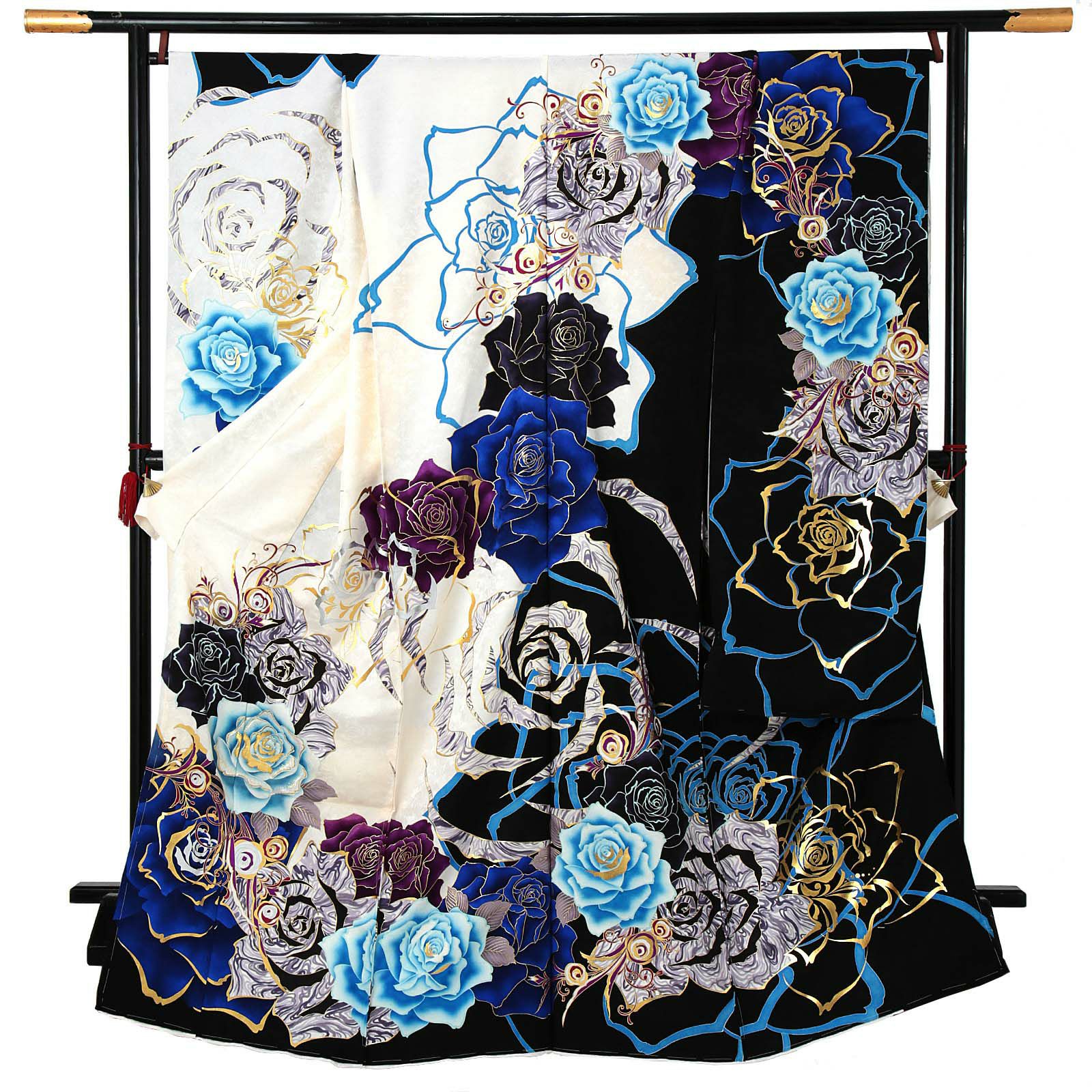 未仕立て 振袖 単品 「白×黒　青薔薇」 仮絵羽 振り袖 正絹 丹後ちりめん 着物 レディース 成人式 結婚式 結納 パーティー 晴れ着