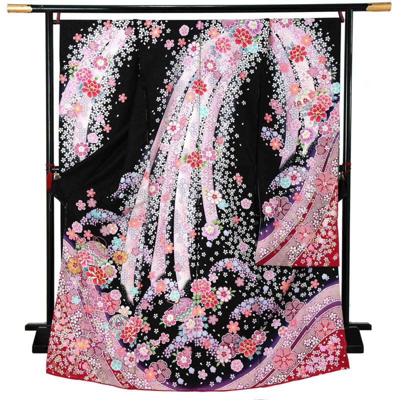 未仕立て 振袖 単品 「黒地　熨斗に桜、牡丹に手毬」 仮絵羽 振り袖 正絹 着物 レディース 成人式 結婚式 結納 パーティー 晴れ着
