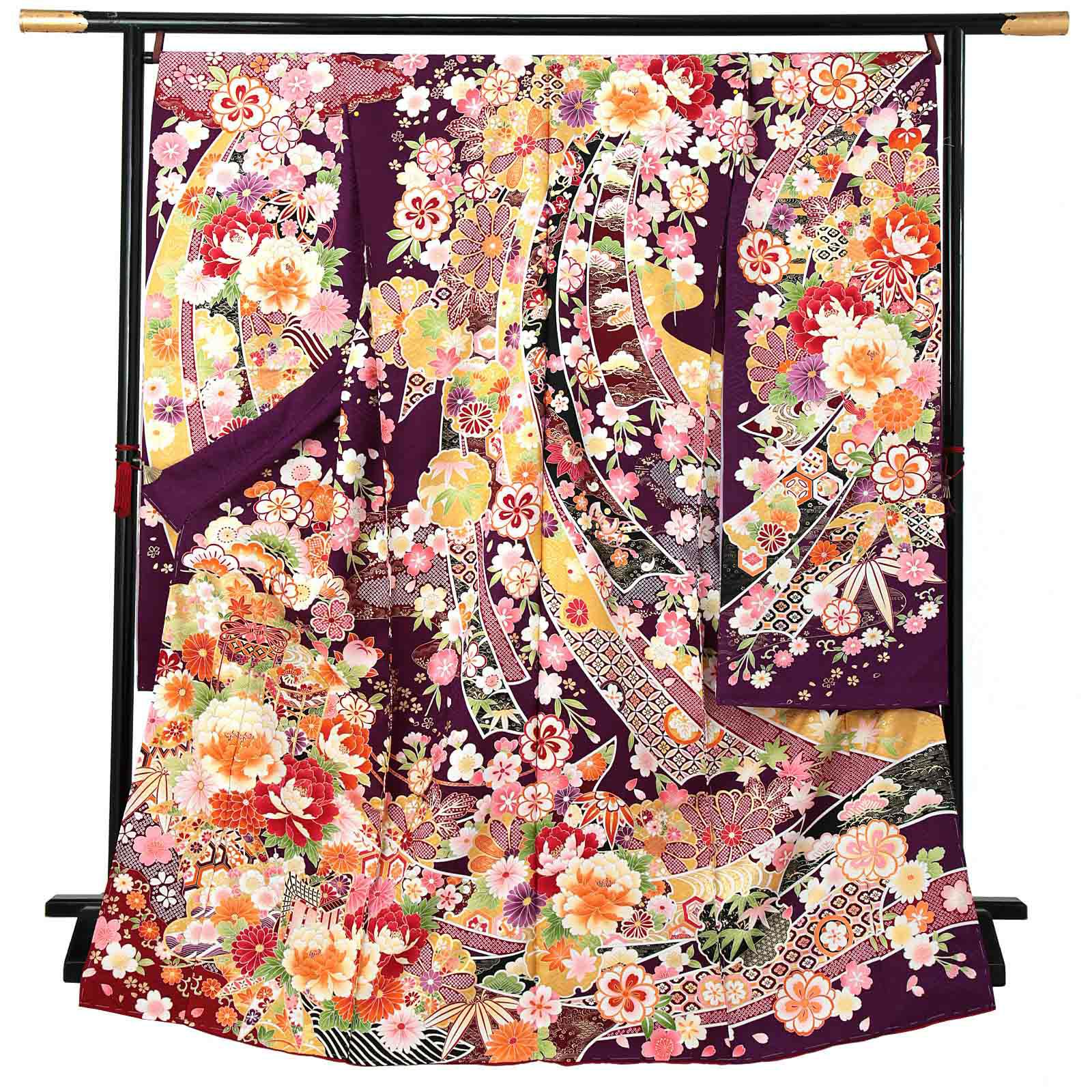 未仕立て 振袖 単品 「深紫色　熨斗に牡丹、貝桶」 仮絵羽 振り袖 正絹 着物 レディース 成人式 結婚式 結納 パーティー 晴れ着