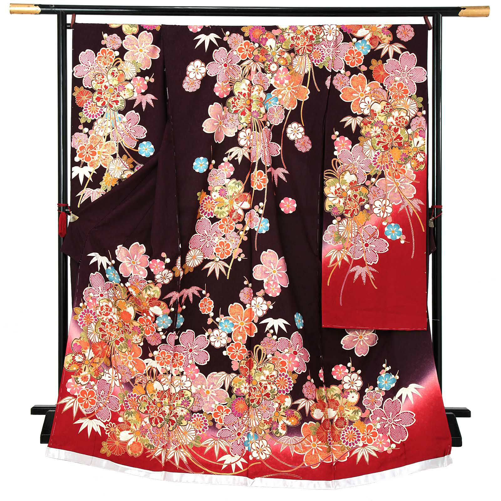 未仕立て 振袖 単品 「葡萄茶色 桜薬玉、枝梅」 仮絵羽 振り袖 正絹 