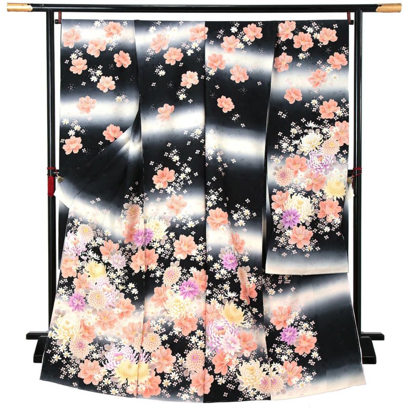 未仕立て 振袖 単品 「黒×白、段暈し　菊」 仮絵羽 振り袖 正絹 着物 レディース 成人式 結婚式 結納 パーティー 晴れ着