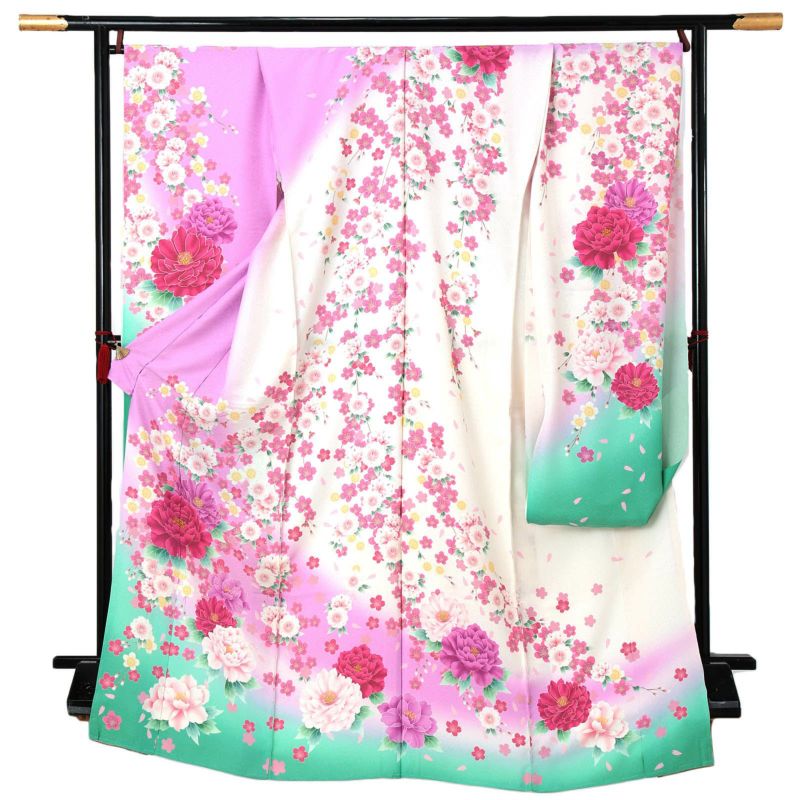 未仕立て 振袖 単品 「ピンク×ミントグリーン　牡丹」 仮絵羽 振り袖 正絹 着物 レディース 成人式 結婚式 結納 パーティー 晴れ着