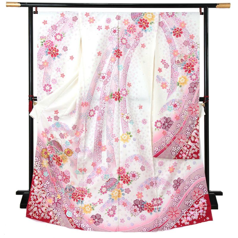 未仕立て 振袖 単品 「黒地　熨斗に桜、牡丹に手毬」 仮絵羽 振り袖 正絹 着物 レディース 成人式 結婚式 結納 パーティー 晴れ着