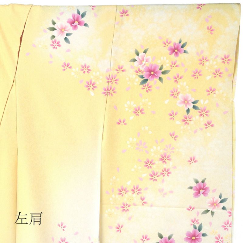 未仕立て 振袖 単品 「クリーム色×黄色 桜」 仮絵羽 振り袖 正絹 着物