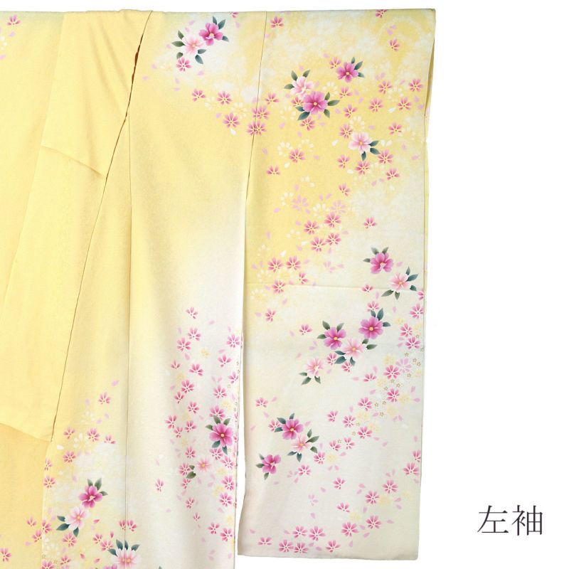 未仕立て 振袖 単品 「クリーム色×黄色 桜」 仮絵羽 振り袖 正絹 着物