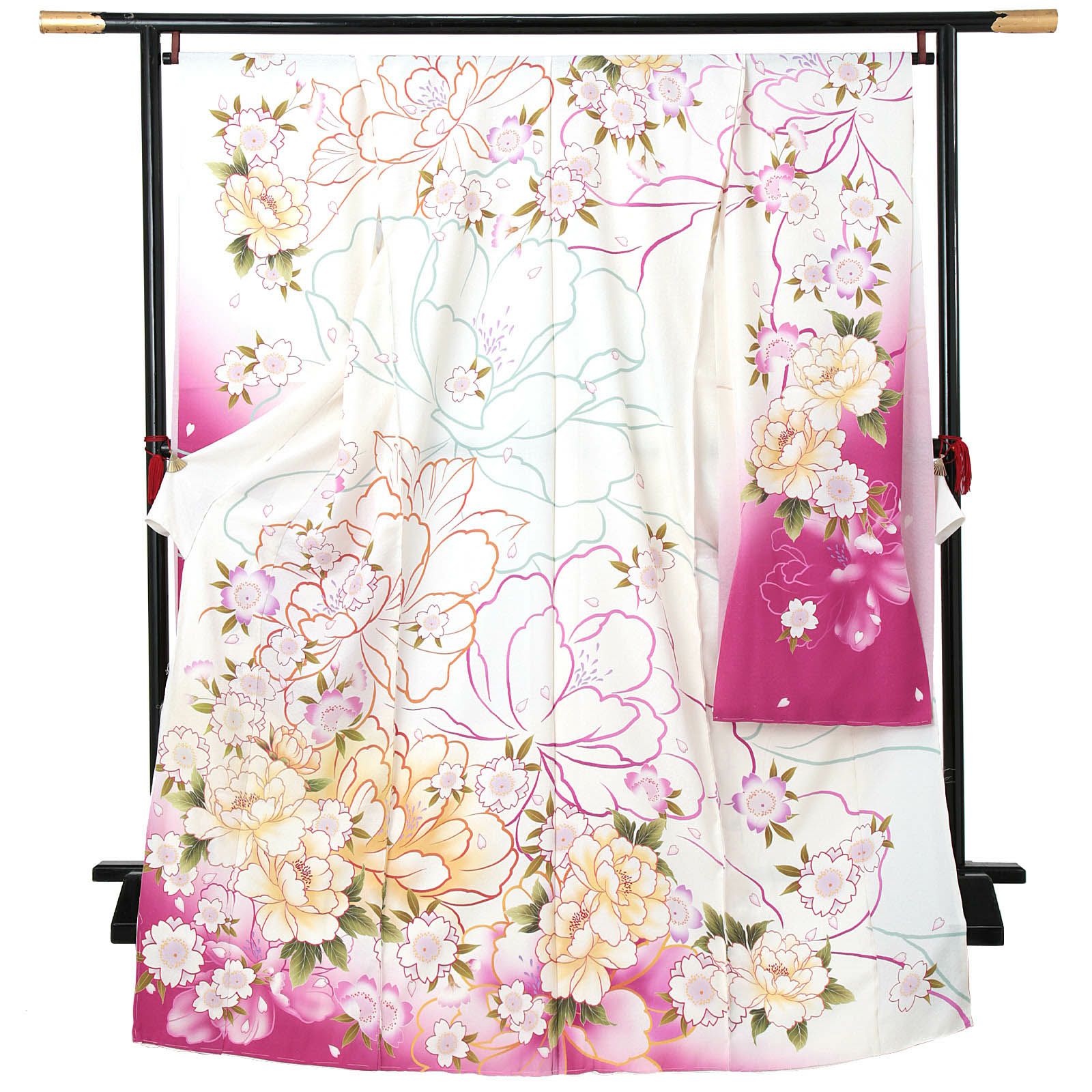 未仕立て 振袖 単品 「白 牡丹に桜」 仮絵羽 振り袖 正絹 着物 