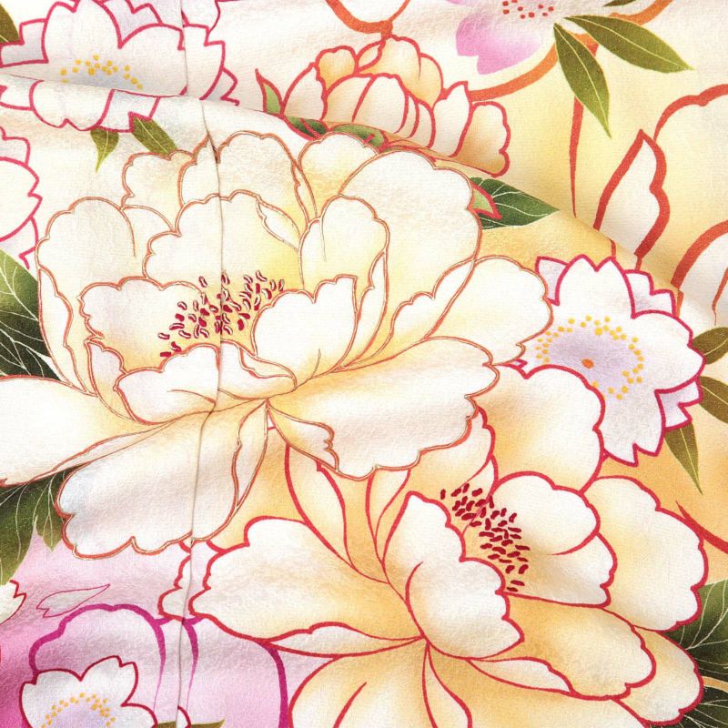 未仕立て 振袖 単品 「白 牡丹に桜」 仮絵羽 振り袖 正絹 着物