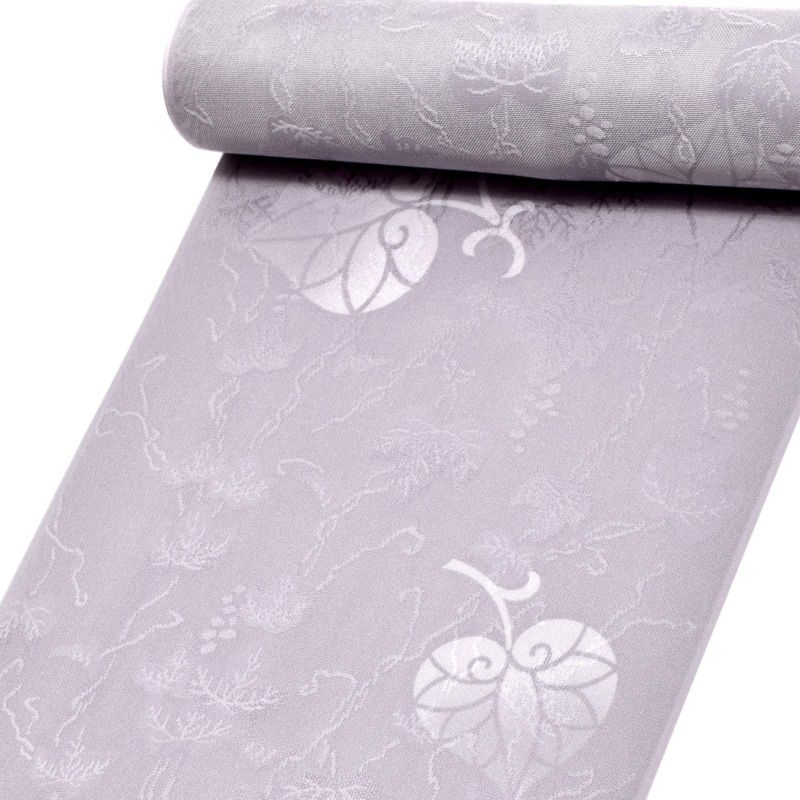 夏の正絹小紋 反物 「紋紗 ラベンダーグレイ 葡萄、葵」着尺 日本製 