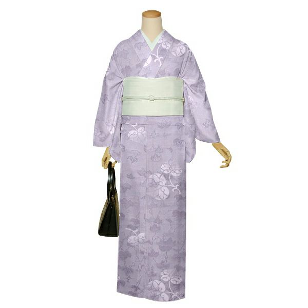 夏の正絹小紋 反物 「紋紗 ラベンダーグレイ 葡萄、葵」着尺 日本製 紗