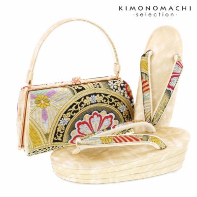 振袖草履バッグセット  「ゴールド×ブラック　花青海波」 Fサイズ(M～Lサイズ相当) 振袖草履バッグ 振袖バッグ 振袖草履 成人式【メール便不可】ss2503zbg10