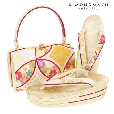 振袖草履バッグセット  「ゴールド　花七宝」 Fサイズ(M～Lサイズ相当) 振袖草履バッグ 振袖バッグ 振袖草履 成人式【メール便不可】ss2503zbg10