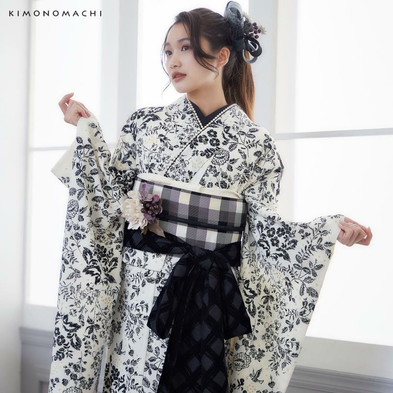 しごき 振袖用 「インクブラック×黒、チェック」 志古貴 豪華 おしゃれ