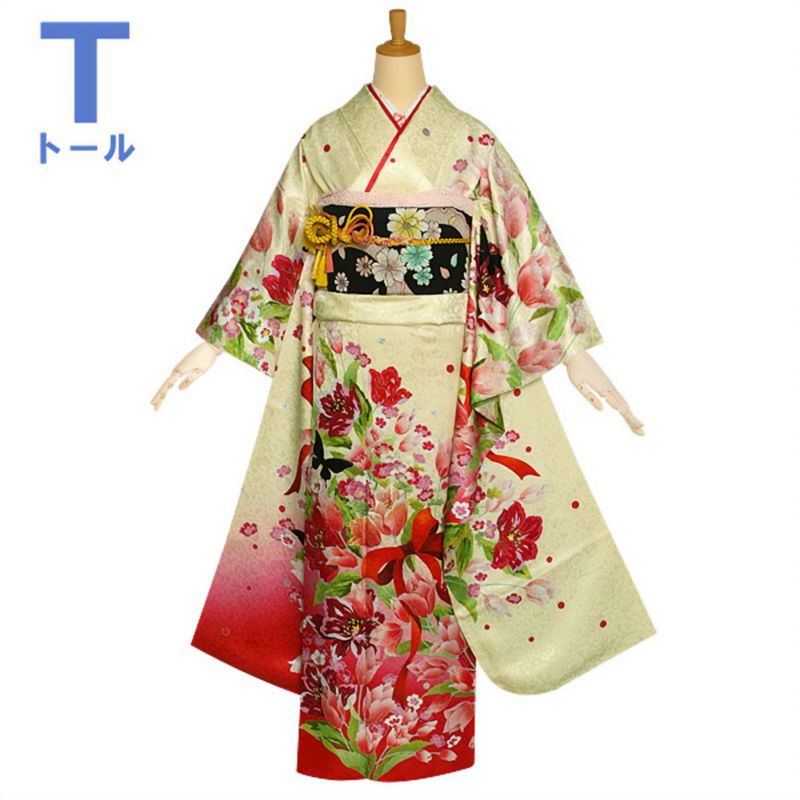 【中古品】仕立て上がり 振袖 「Lako Kula クリーム 蝶と花」貸衣装処分 レンタル処分品