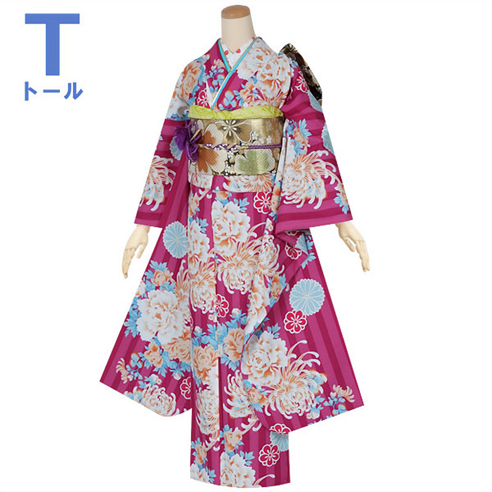 【中古品】仕立て上がり 振袖 「赤紫　ストライプ牡丹と菊」貸衣装処分 レンタル処分品