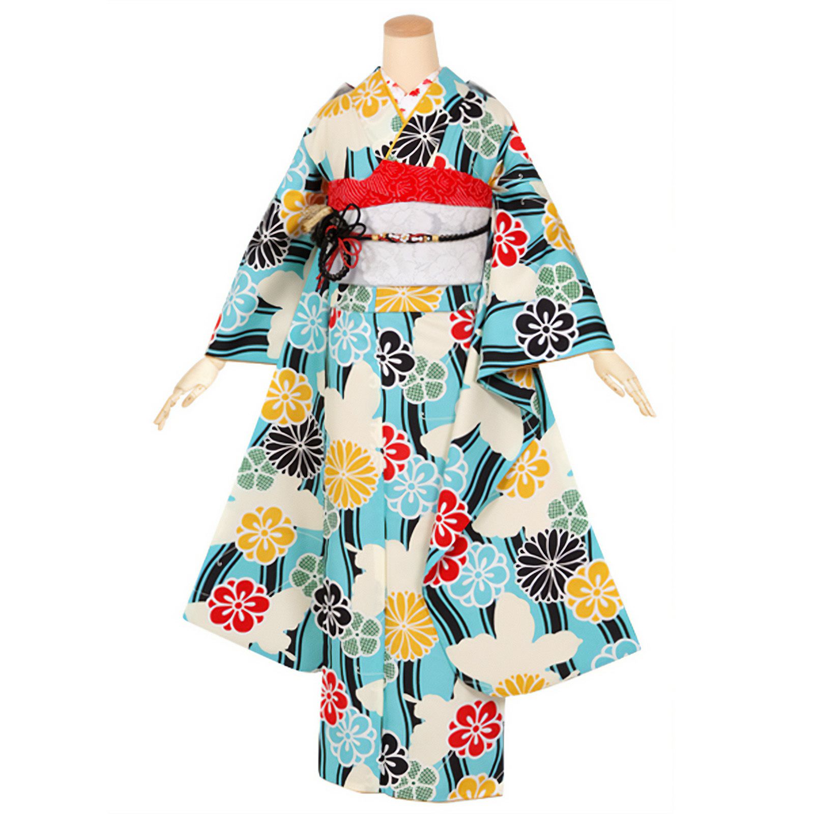 【訳アリ】【中古品】仕立て上がり 振袖 「水色　立涌に蝶」貸衣装処分 レンタル処分品