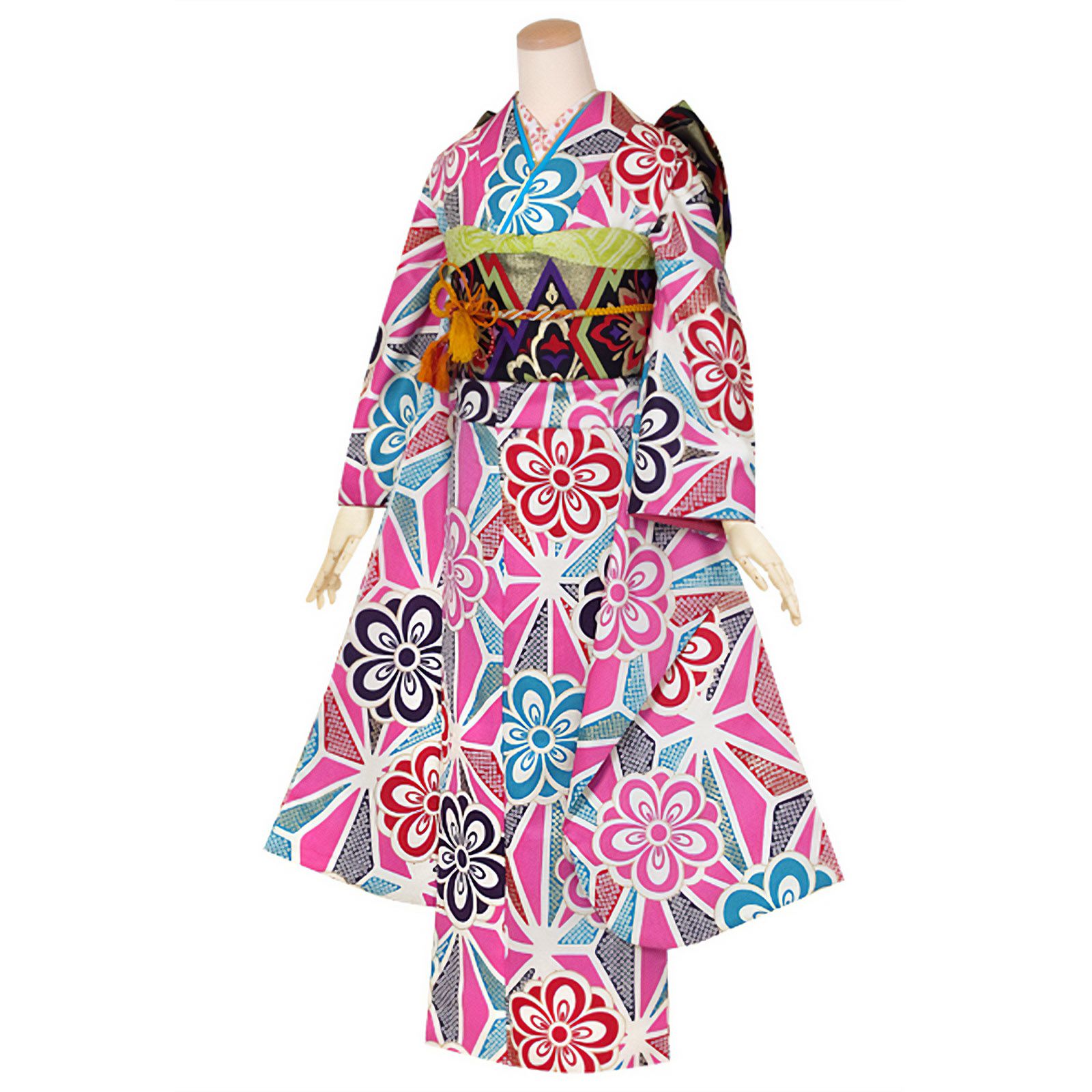 【中古品】仕立て上がり 振袖 「和遊日 ピンク 梅に麻の葉」貸衣装処分 レンタル処分品