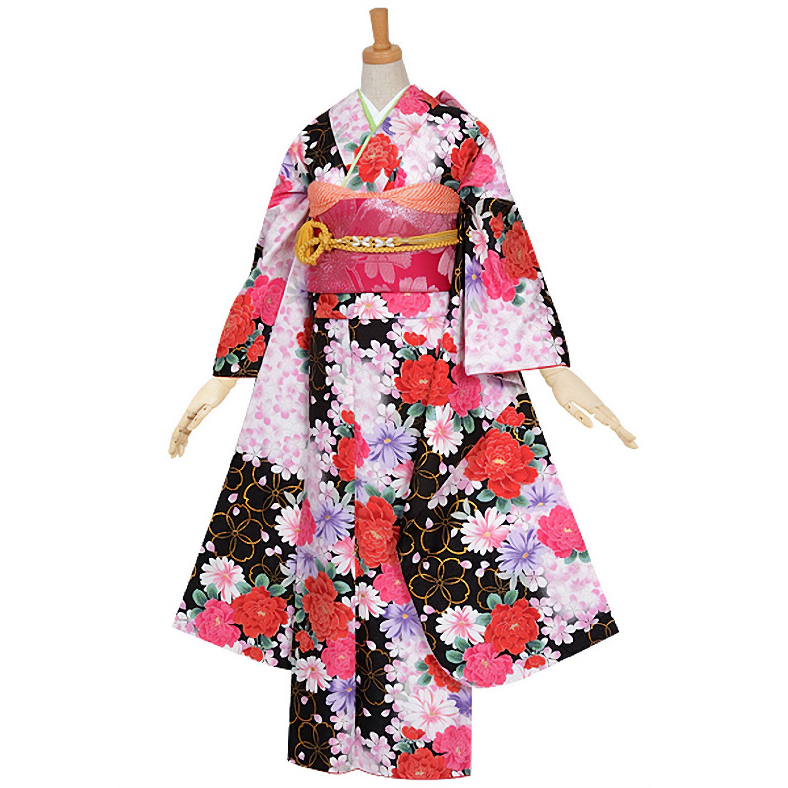 【訳アリ】【中古品】仕立て上がり 振袖 「黒　輪桜に牡丹」貸衣装処分 レンタル処分品