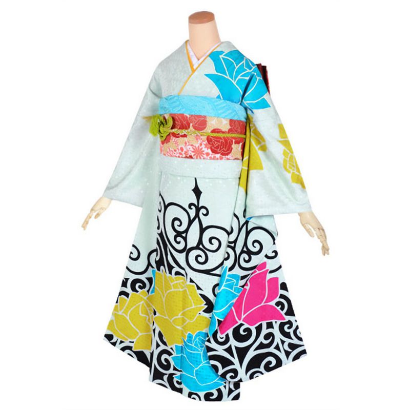 【中古品】仕立て上がり 振袖 「モダンアンテナ ミント色　レトロモダン薔薇」貸衣装処分 レンタル処分品