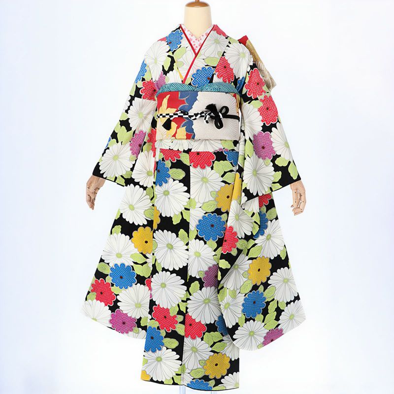 【中古品】仕立て上がり 振袖 「黒　菊尽くし」貸衣装処分 レンタル処分品