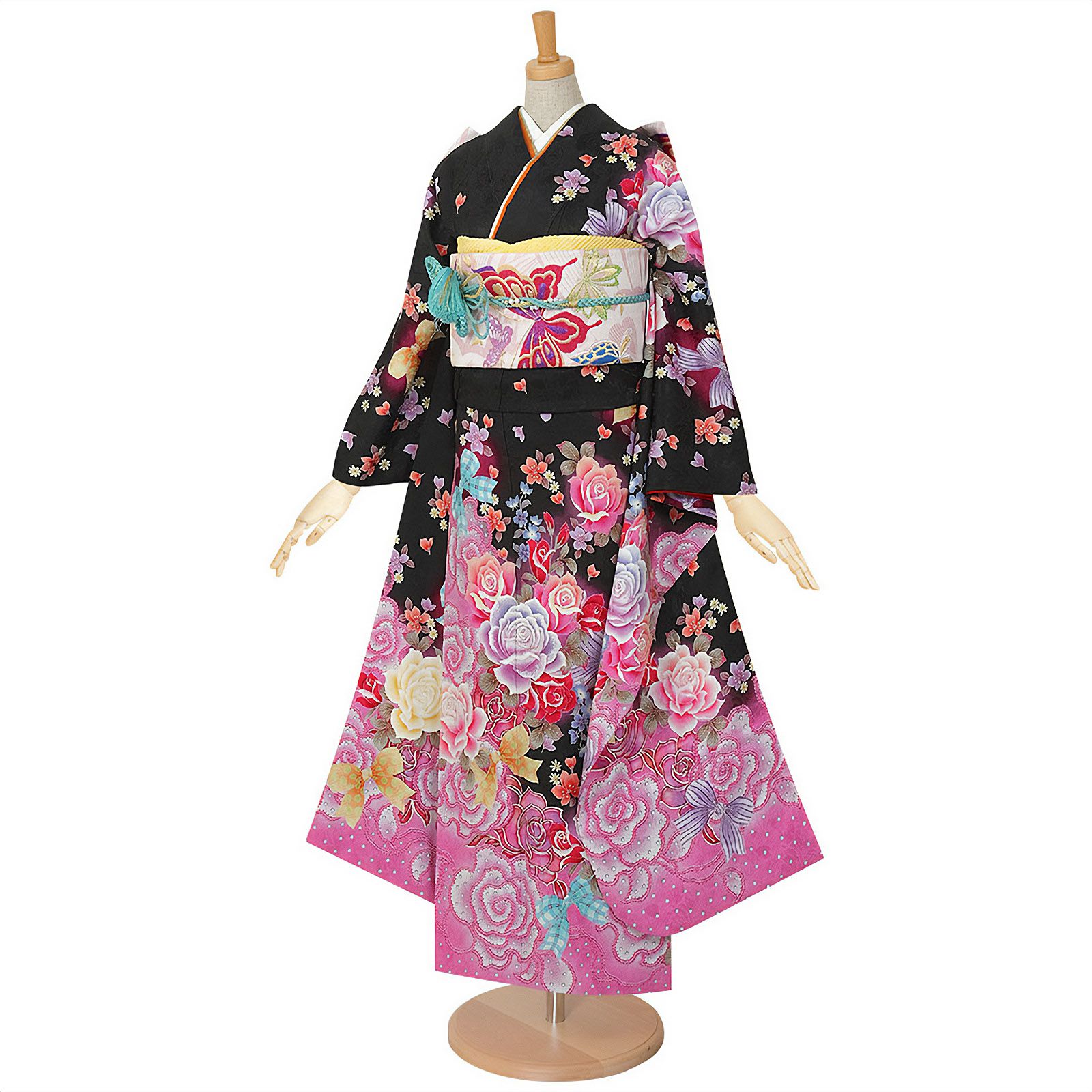 【訳アリ】【中古品】仕立て上がり 振袖 「Asuka 黒　薔薇とリボン」貸衣装処分 レンタル処分品