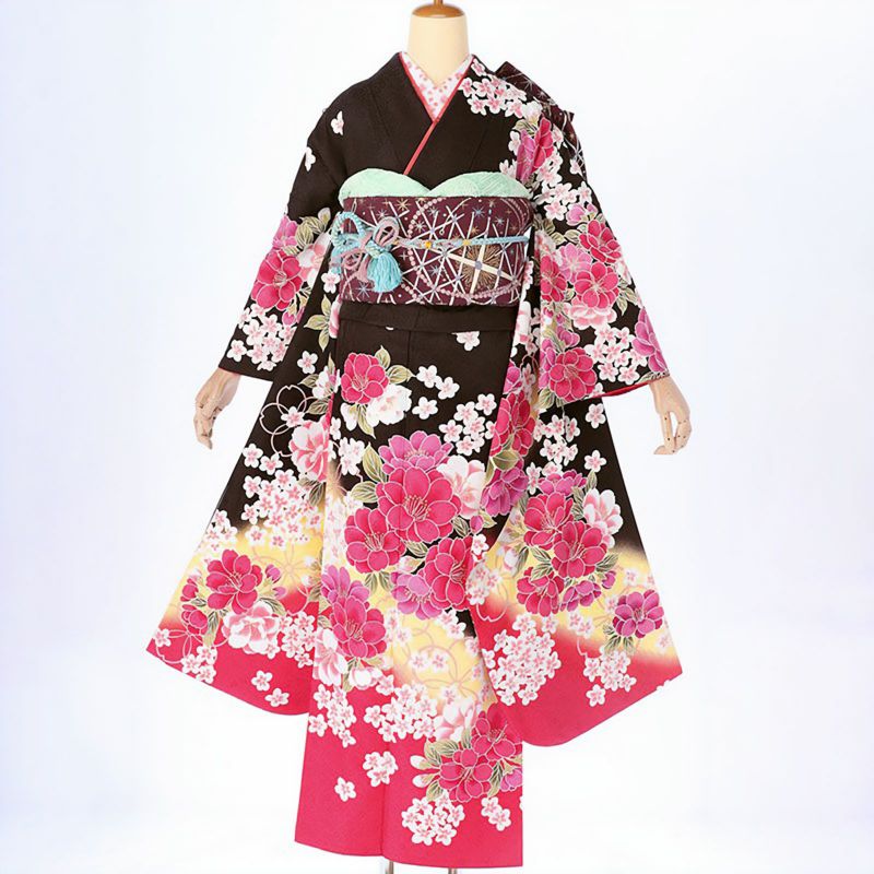 【中古品】仕立て上がり 振袖 「黒茶　赤ぼかし　乙女桜」貸衣装処分 レンタル処分品