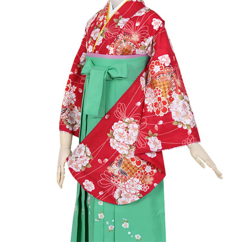 【中古品】ジュニア用 振袖単品「赤　花くす玉に蝶」仕立て上がり 小振袖 着物 子ども 子供 キッズ ジュニア 女の子 卒業式 小学校 小学生 中学校 中学生 十三参り 十三詣り 1/2成人式 ハーフ成人式 貸衣装処分 レンタル処分品
