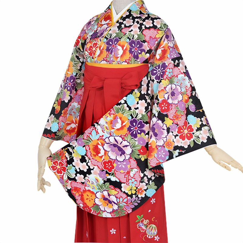 【中古品】ジュニア用 振袖単品「黒 雲取かのこ柄に牡丹」仕立て上がり 小振袖 着物 子ども 子供 キッズ ジュニア 女の子 卒業式 小学校 小学生 中学校 中学生 十三参り 十三詣り 1/2成人式 ハーフ成人式 貸衣装処分 レンタル処分品