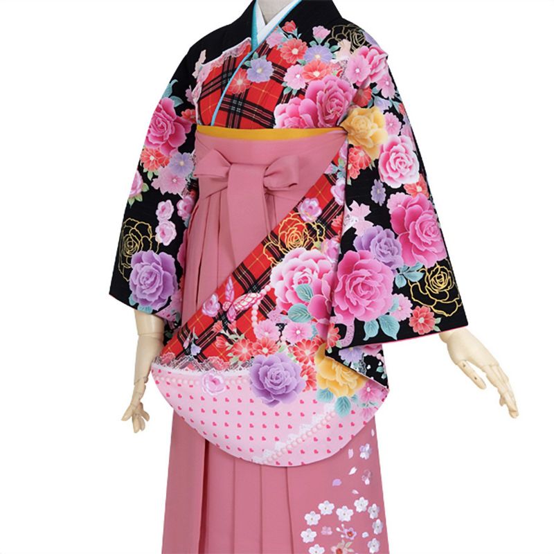 【中古品】ジュニア用 振袖単品 ショート丈「黒 チェックにバラとレース」仕立て上がり 小振袖 着物 子ども 子供 キッズ ジュニア 女の子 卒業式 小学校 小学生 中学校 中学生 十三参り 十三詣り 1/2成人式 ハーフ成人式 貸衣装処分 レンタル処分品