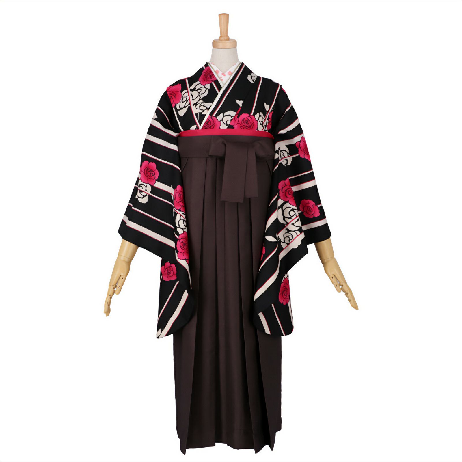 【中古品】ジュニア用 振袖単品「黒　縞に薔薇」仕立て上がり 小振袖 着物 子ども 子供 キッズ ジュニア 女の子 卒業式 小学校 小学生 中学校 中学生 十三参り 十三詣り 1/2成人式 ハーフ成人式 貸衣装処分 レンタル処分品