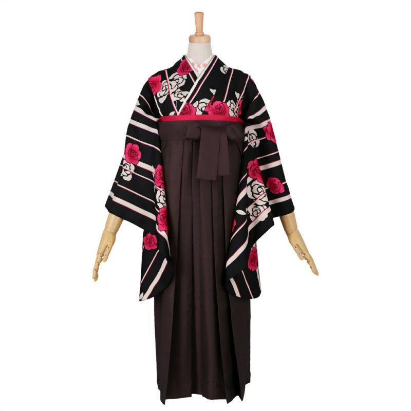 【中古品】ジュニア用 振袖単品「黒　縞に薔薇」仕立て上がり 小振袖 着物 子ども 子供 キッズ ジュニア 女の子 卒業式 小学校 小学生 中学校 中学生 十三参り 十三詣り 1/2成人式 ハーフ成人式 貸衣装処分 レンタル処分品
