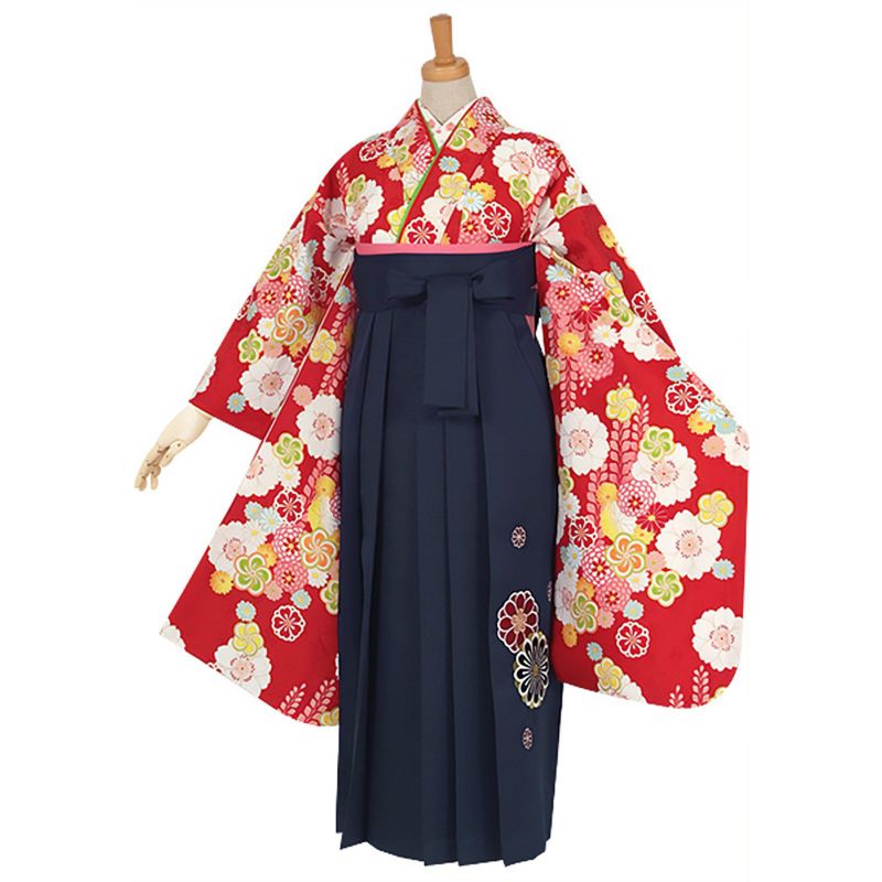 【中古品】ジュニア用 振袖単品「赤　桜にねじり梅」仕立て上がり 襦袢プレゼント 小振袖 着物 子ども 子供 キッズ ジュニア 女の子 卒業式 小学校 小学生 中学校 中学生 十三参り 十三詣り 1/2成人式 ハーフ成人式 貸衣装処分 レンタル処分品