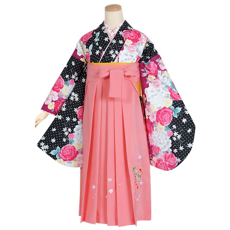 【中古品】ジュニア用 振袖単品「黒×赤紫　ドットにピンクの薔薇」仕立て上がり 小振袖 着物 子ども 子供 キッズ ジュニア 女の子 卒業式 小学校 小学生 中学校 中学生 十三参り 十三詣り 1/2成人式 ハーフ成人式 貸衣装処分 レンタル処分品