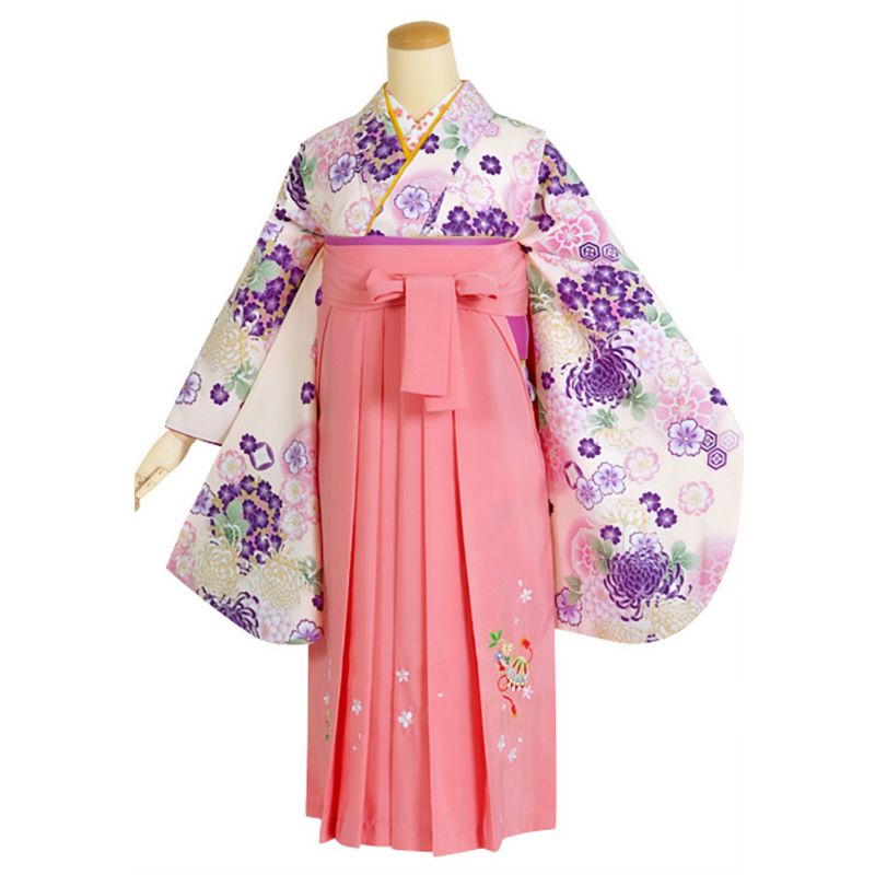 【中古品】ジュニア用 振袖単品「クリーム　桜に菊花」仕立て上がり 小振袖 着物 子ども 子供 キッズ ジュニア 女の子 卒業式 小学校 小学生 中学校 中学生 十三参り 十三詣り 1/2成人式 ハーフ成人式 貸衣装処分 レンタル処分品 【メール便不可】