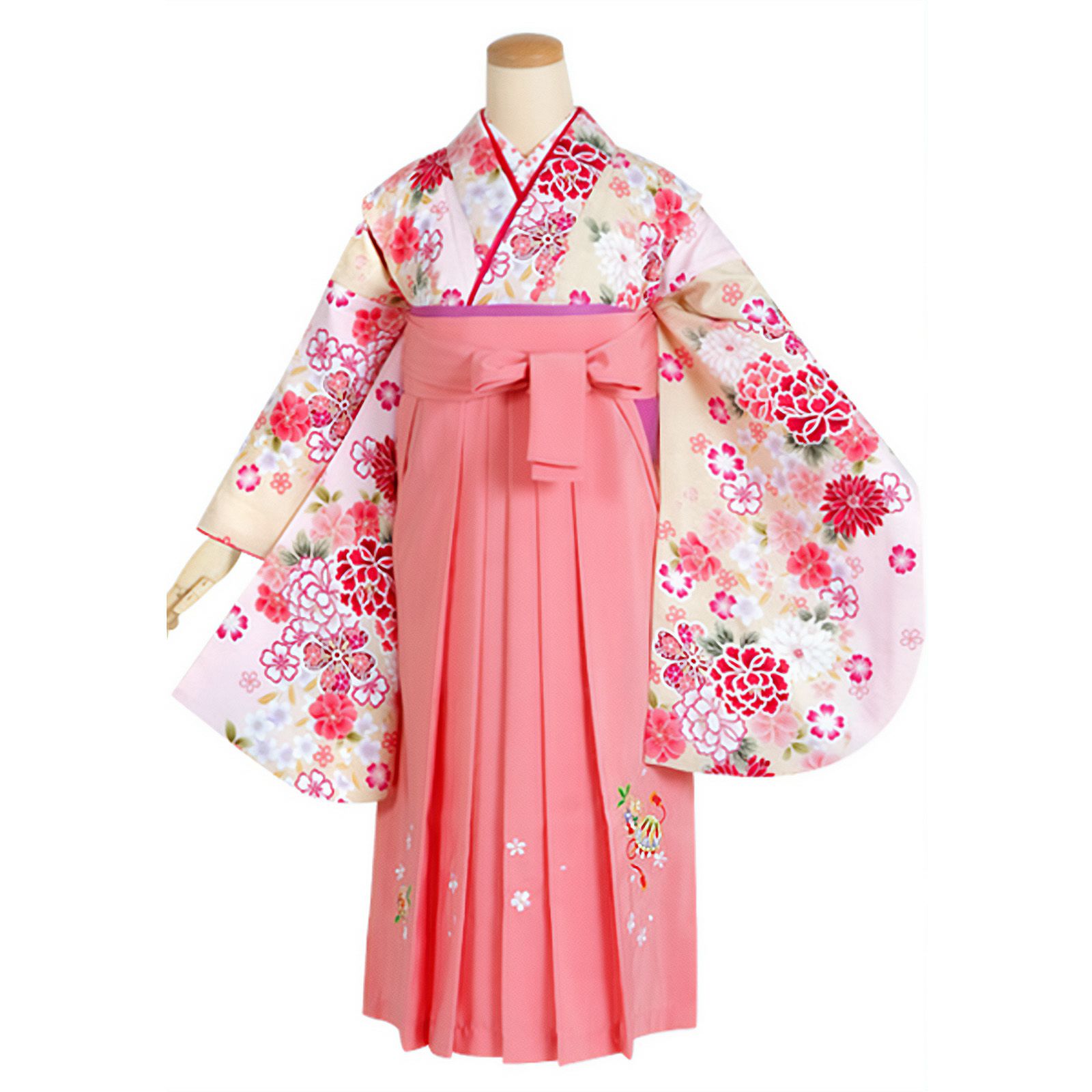 【中古品】ジュニア用 振袖単品「クリーム　牡丹に小桜」仕立て上がり 小振袖 着物 子ども 子供 キッズ ジュニア 女の子 卒業式 小学校 小学生 中学校 中学生 十三参り 十三詣り 1/2成人式 ハーフ成人式 貸衣装処分 レンタル処分品