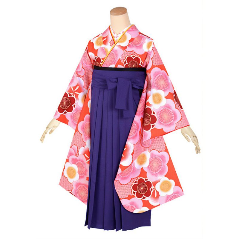【中古品】ジュニア用 振袖単品「朱色　梅尽くし」仕立て上がり 襦袢プレゼント 小振袖 着物 子ども 子供 キッズ ジュニア 女の子 卒業式 小学校 小学生 中学校 中学生 十三参り 十三詣り 1/2成人式 ハーフ成人式 貸衣装処分 レンタル処分品