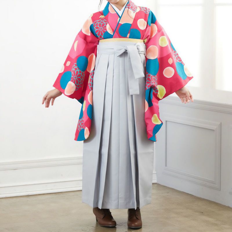 【中古品】ジュニア用 振袖単品 ショート丈「ピンク　水玉に丸菊」仕立て上がり 小振袖 着物 子ども 子供 キッズ ジュニア 女の子 卒業式 小学校 小学生 中学校 中学生 十三参り 十三詣り 1/2成人式 ハーフ成人式 貸衣装処分 レンタル処分品